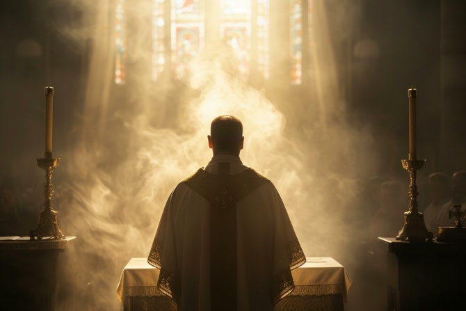 Tranquil scene of a cleric in prayer with sunbeams shining through stained glass