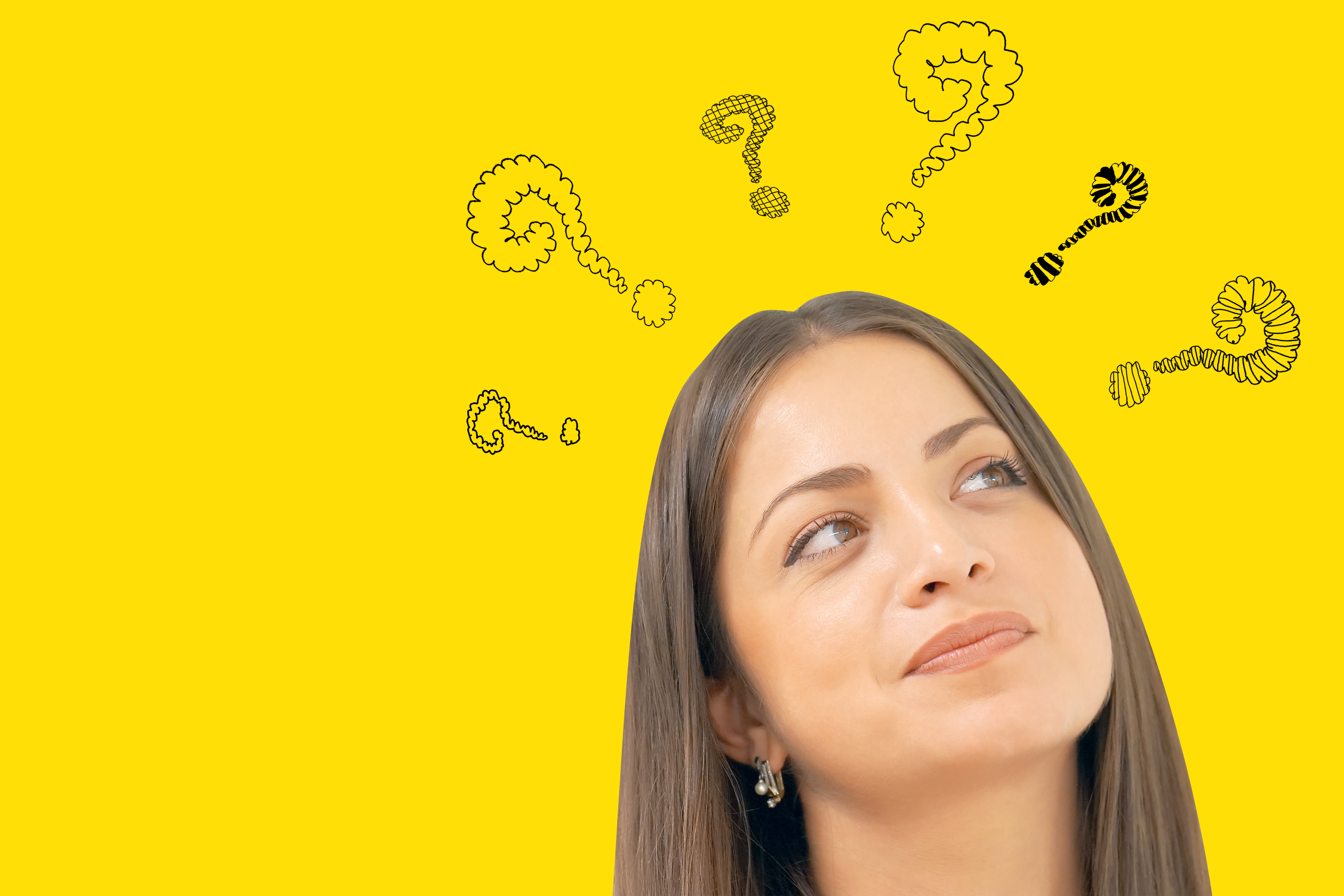 Question Marks with woman. Face thinking woman with question mark on yellow background.