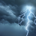 Bright lightning illuminates dark cloudy sky during a thunderstorm. Natural dangers and majestic beauty. Real cloudscape with computer generated lightning. Copy space on image side.