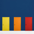 Many colorful doors in room. Concept of choice 
