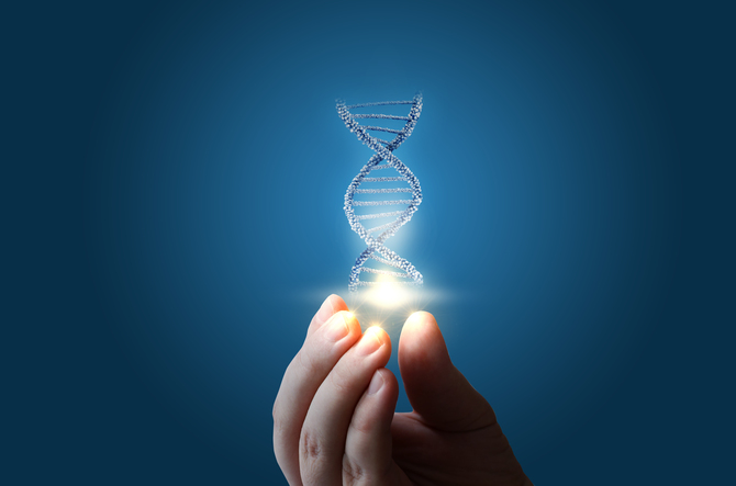 DNA in hand on blue background concept design.