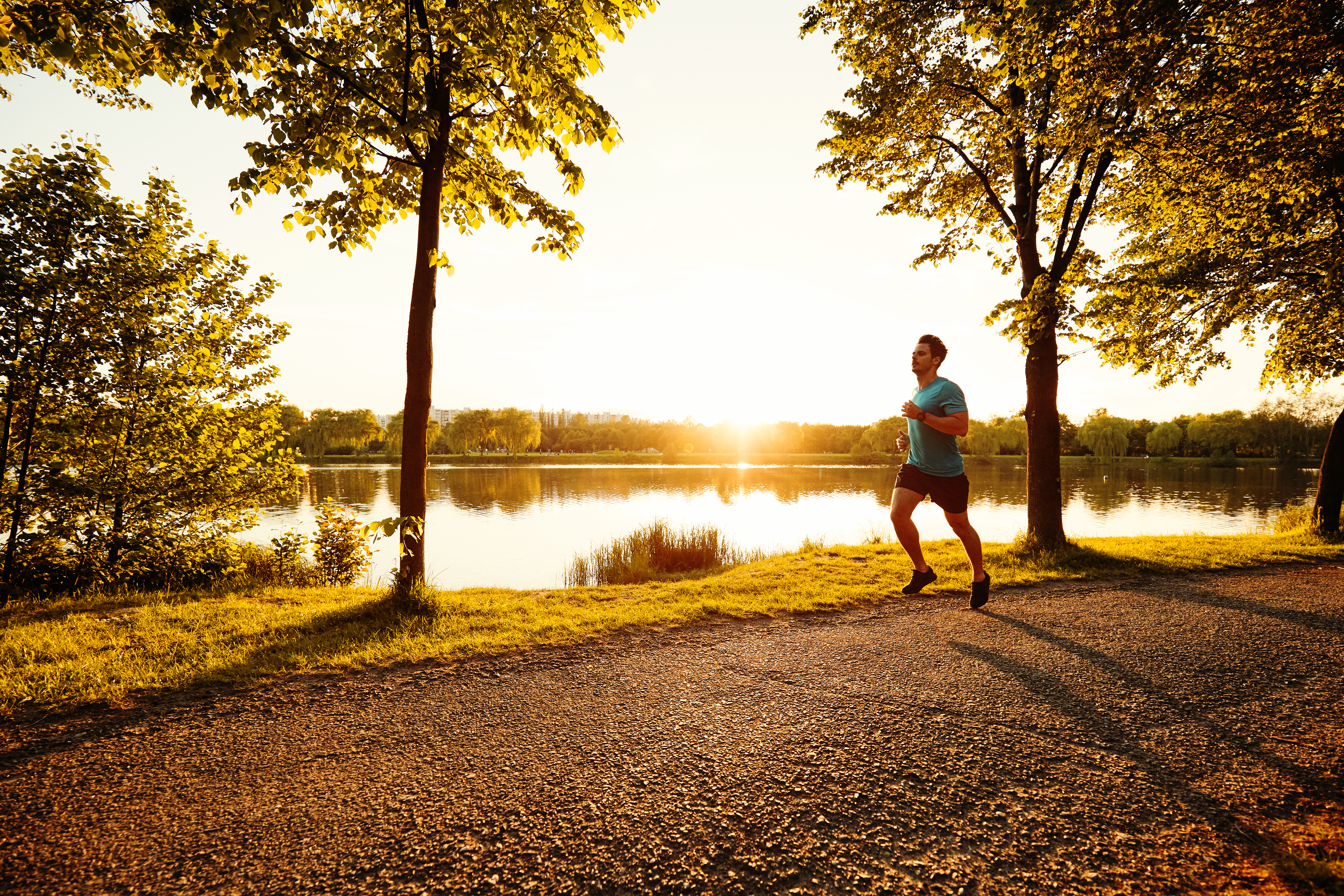 Healthy man running in park during sunset