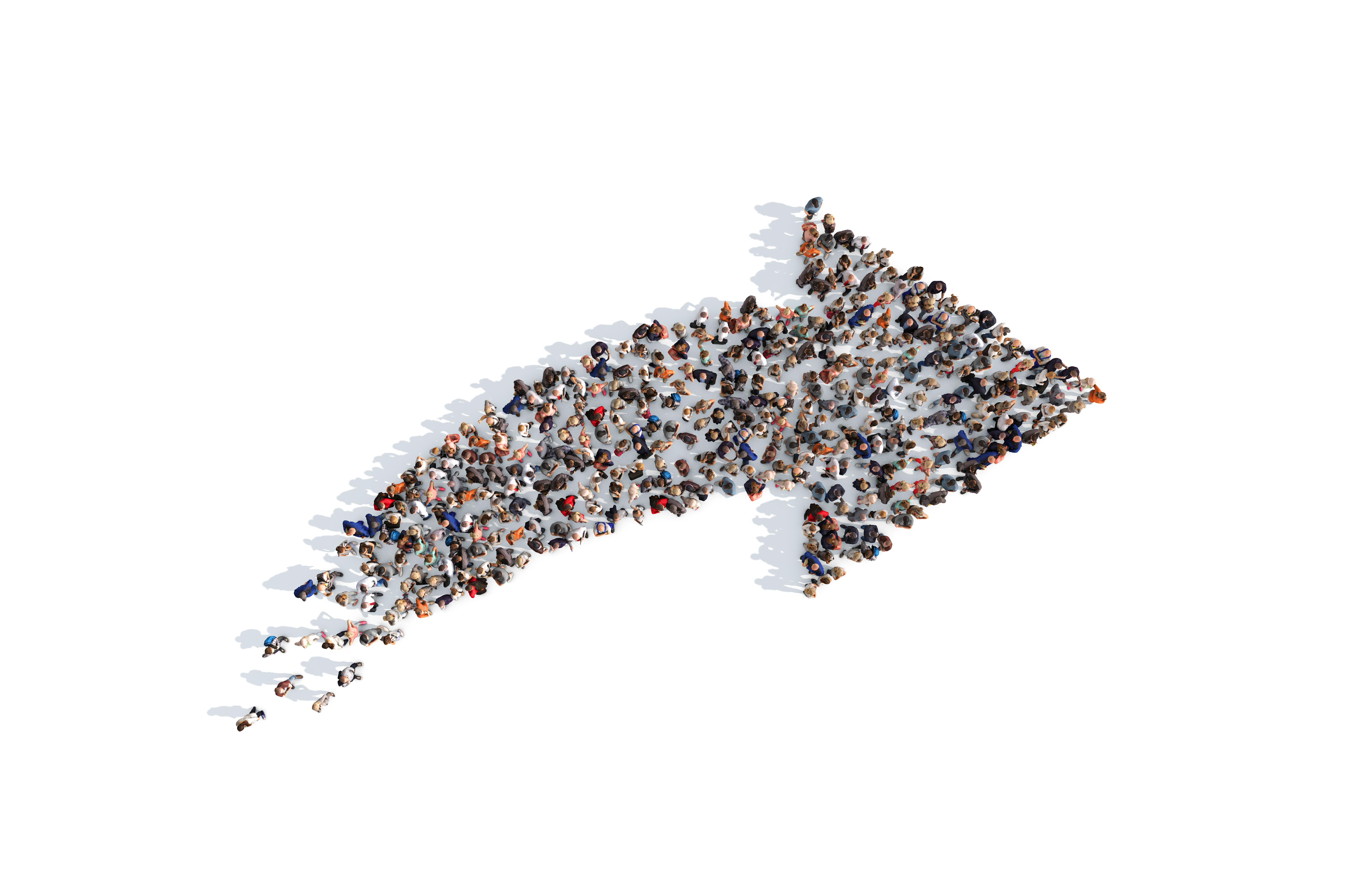 Large collection of people grouped together to form an arrow direction symbol
