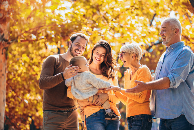 Multl generation family in autumn park having fun