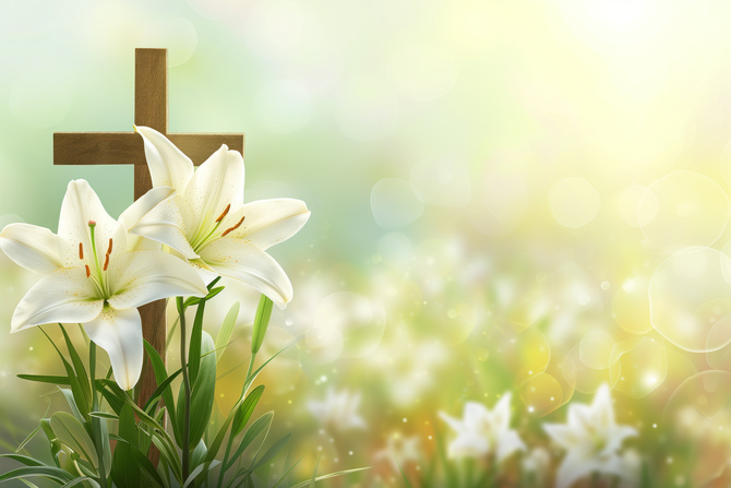 White Easter lilies in front of a simple wooden cross.