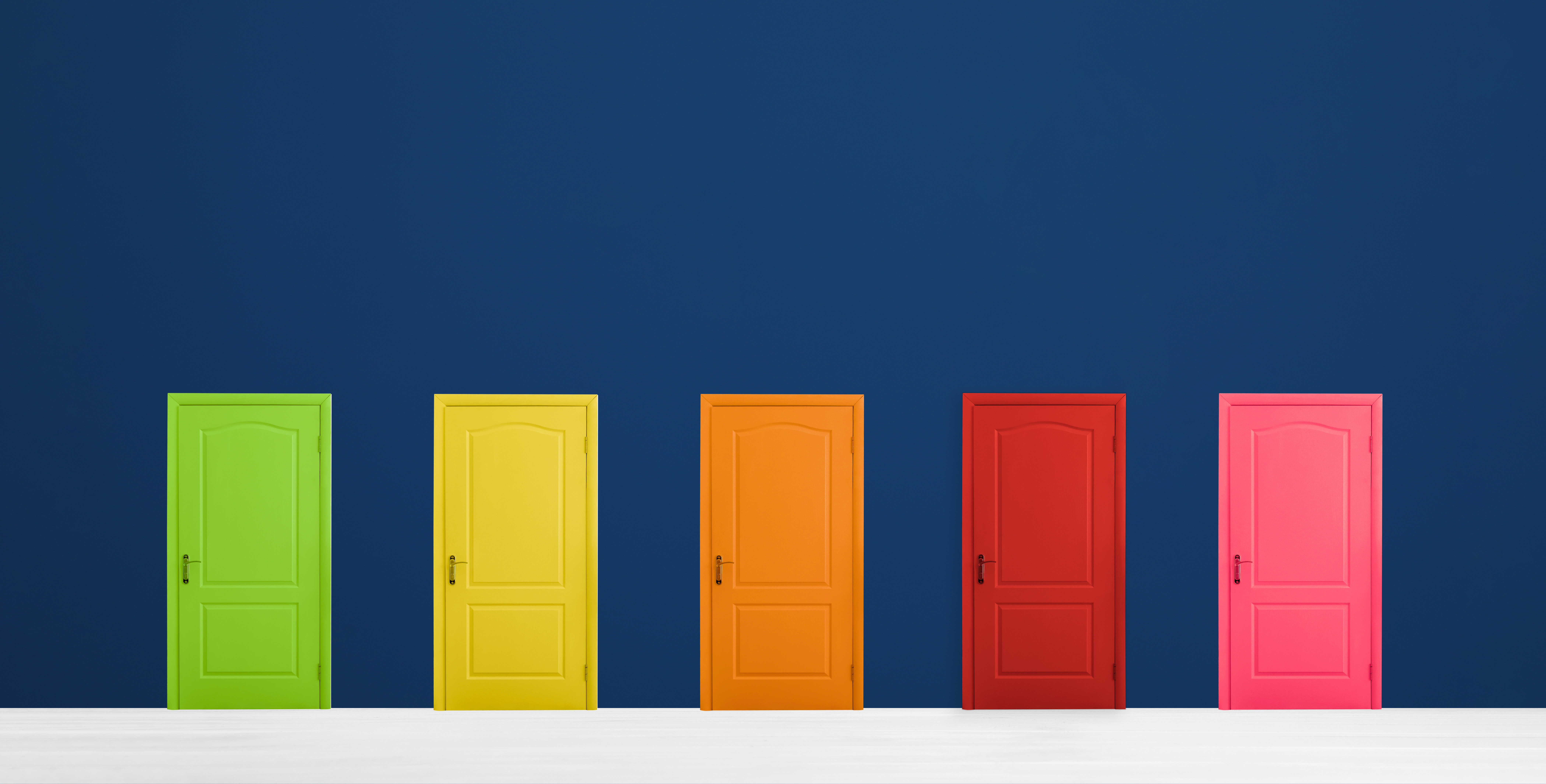 Many colorful doors in room. Concept of choice 