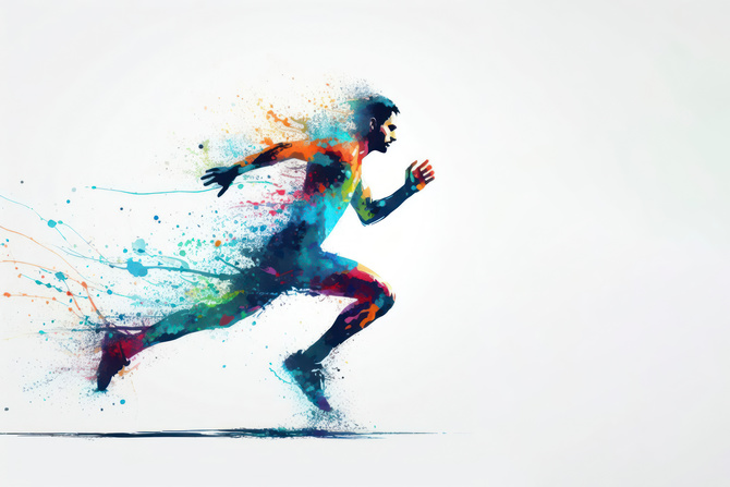 A man runner abstract color splash on a white background. ai generative.