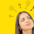 Question Marks with woman. Face thinking woman with question mark on yellow background.