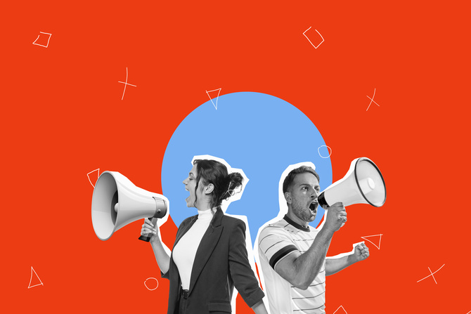 busines people with megaphone in hand celebrating or sell on isolated on flat color background